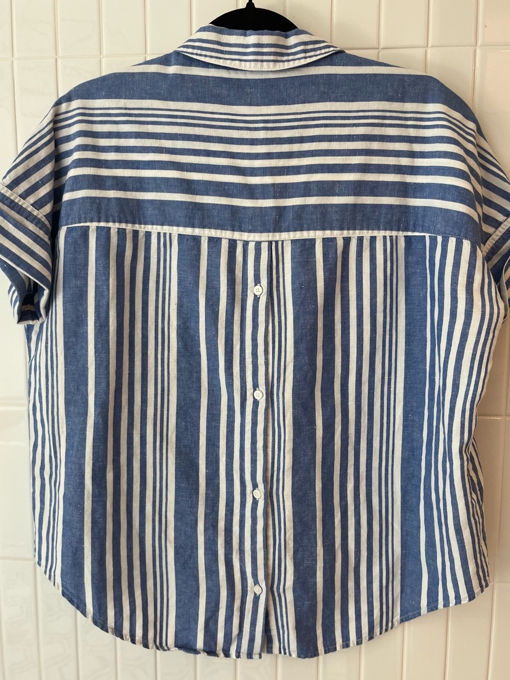 Madewell Striped Linen Cotton Popover Shirt Blue White Short Sleeve Button Back - Picture 4 of 5
